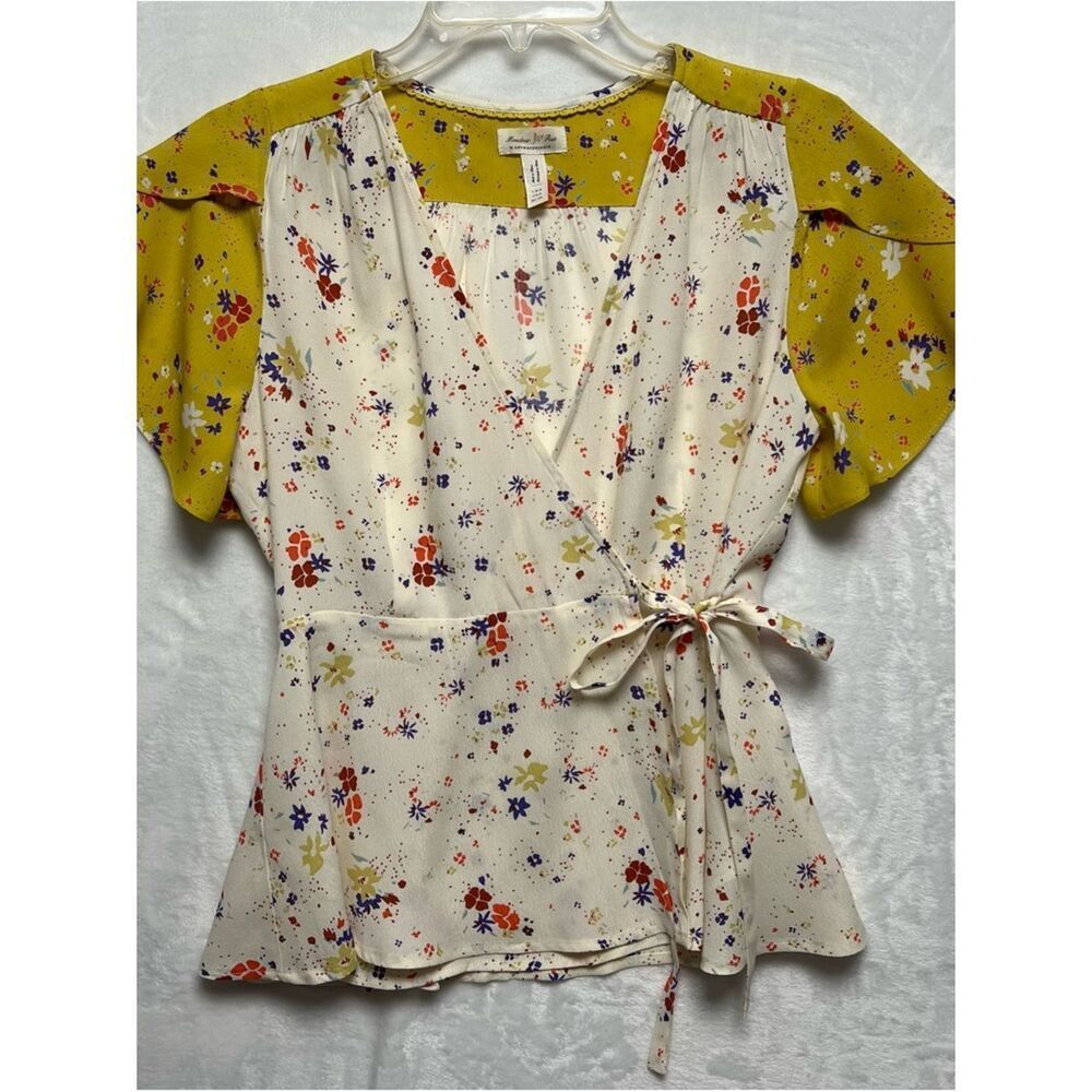 Meadow Rue Anthropologie Blouse Womens Size 2 Ivory Floral Wrap V-Neck Tie